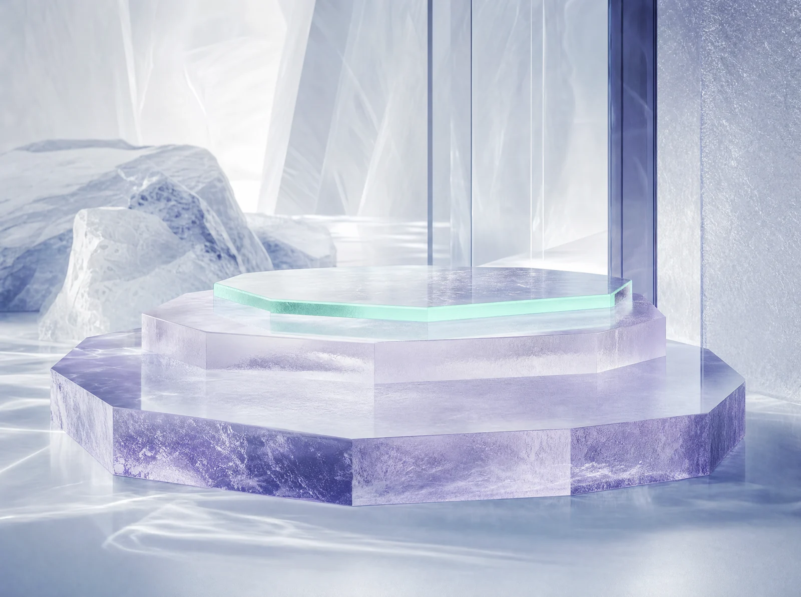 Présentoir cristallin violet évoquant une boutique premium